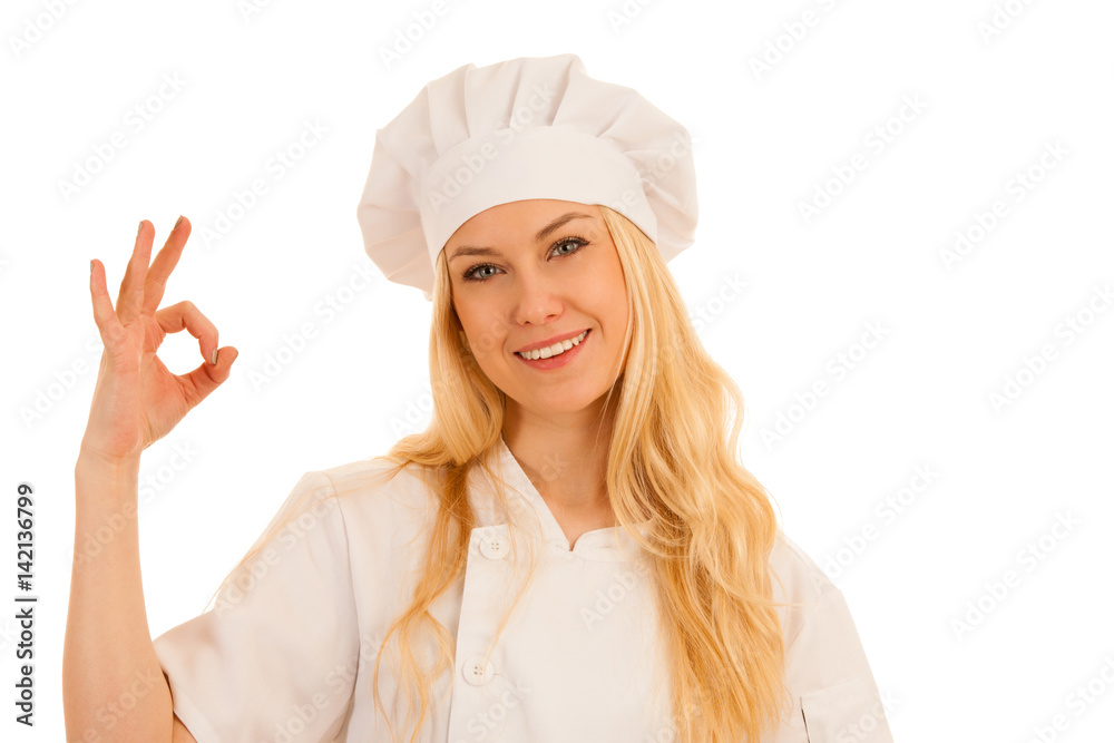 beautiful blond woman in chef dress gesture success beautiful blond woman in chef dress gesture success