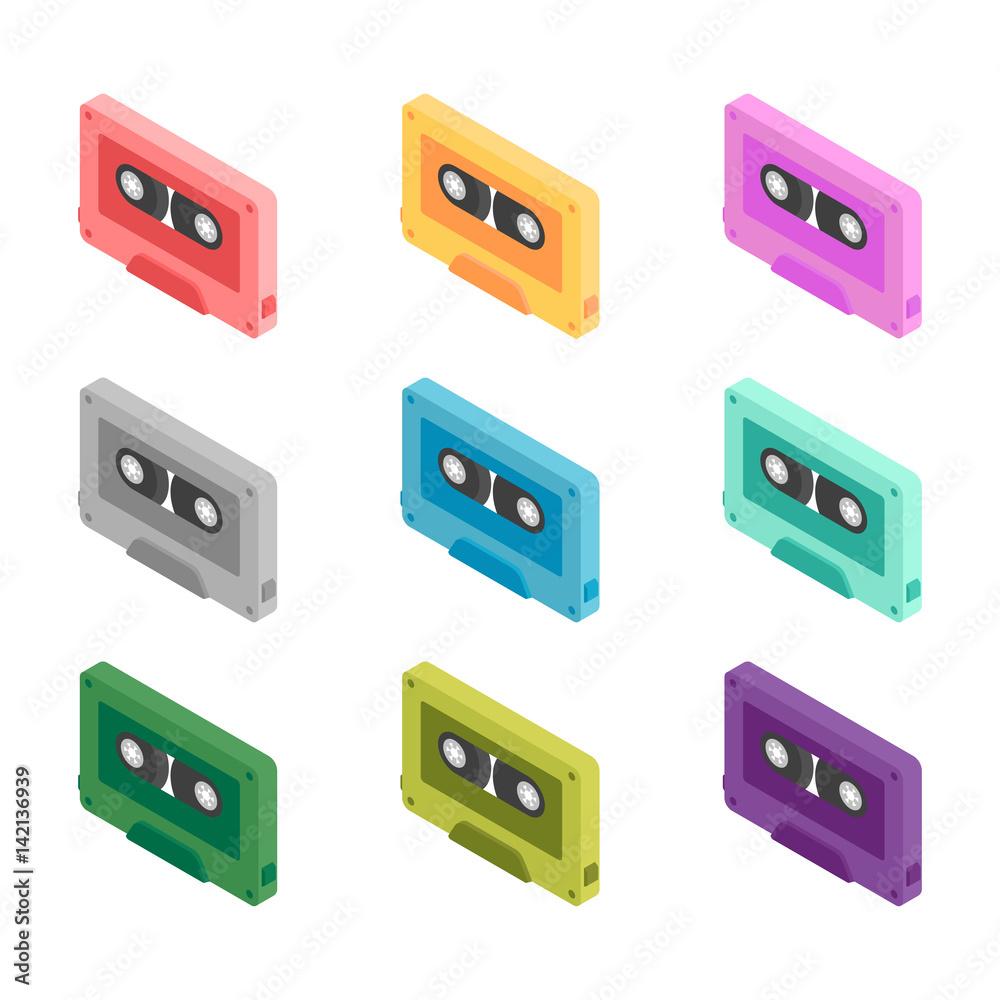 Obraz premium Set retro music tape icon in different colors. Audio cassette isometric icon