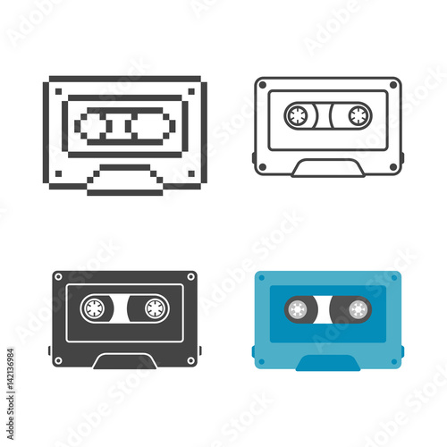 Set retro audio cassette flat, line and pixel icon