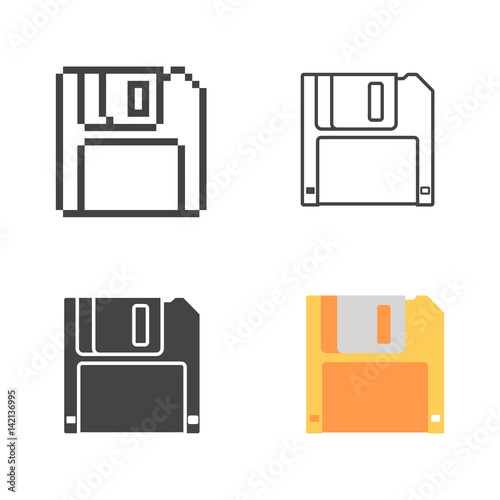 Set retro floppy disk flat, line and pixel icon