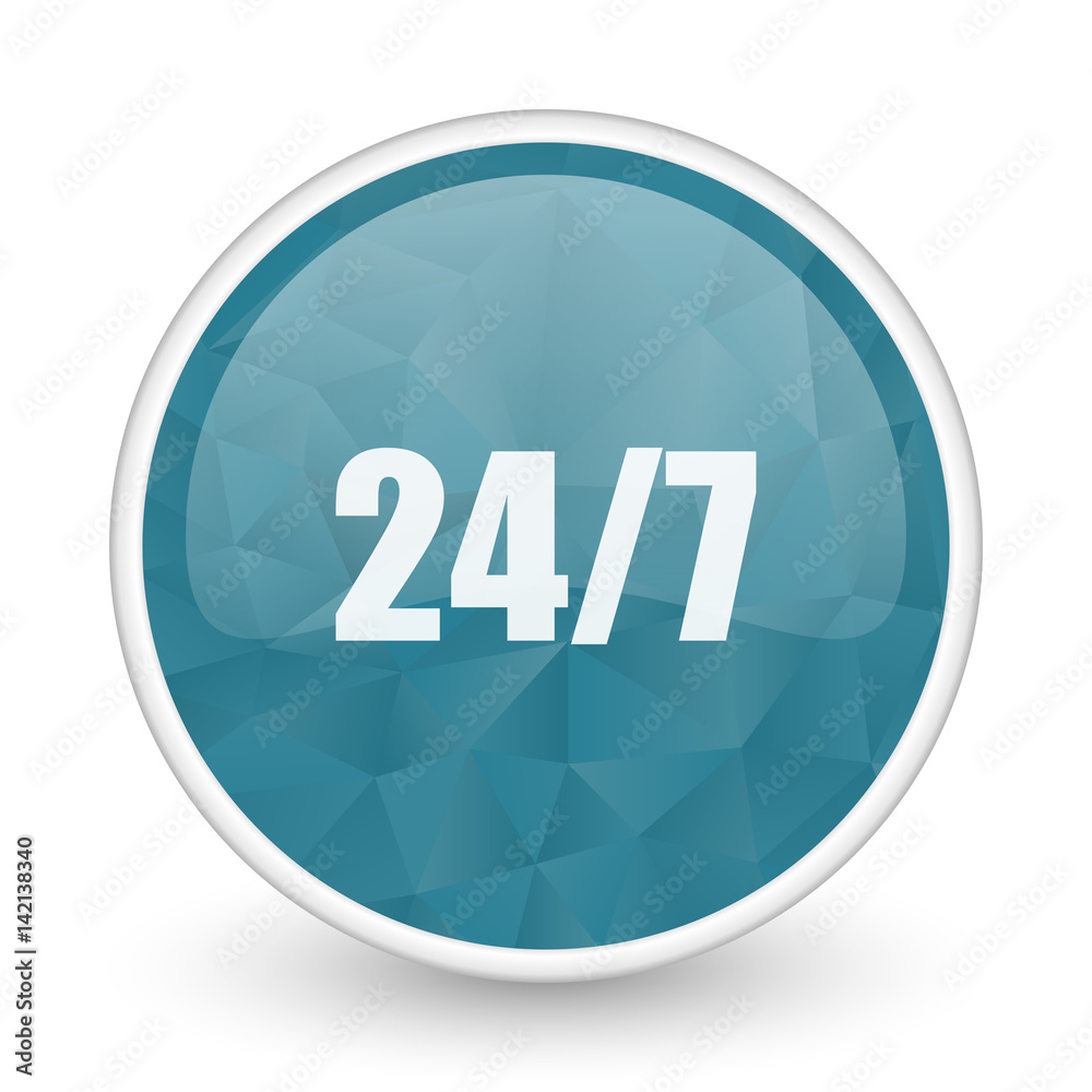 24/7 brillant crystal design round blue web icon. 24/7 brillant crystal design round blue web icon.
