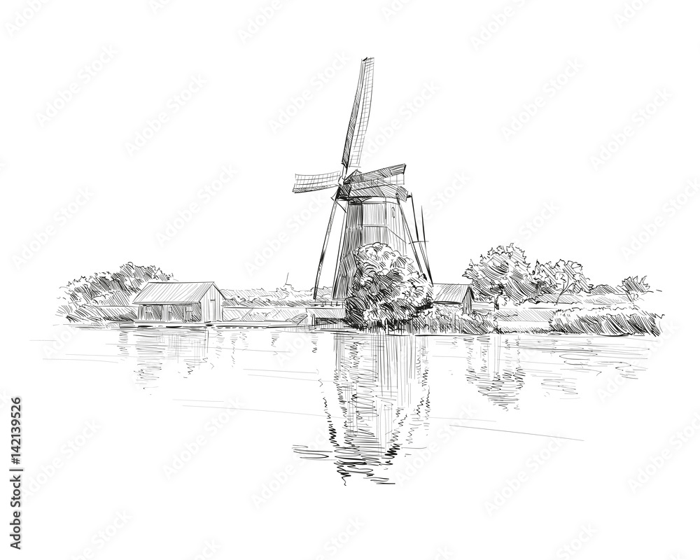 Scenic fields in the background windmills in Holland. Netherlands, Europe. Hand drawn vector illustration
