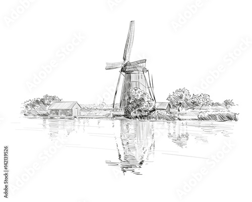 Scenic fields in the background windmills in Holland. Netherlands, Europe. Hand drawn vector illustration
