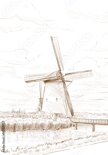 Scenic fields in the background windmills in Holland. Netherlands, Europe. Hand drawn vector illustration