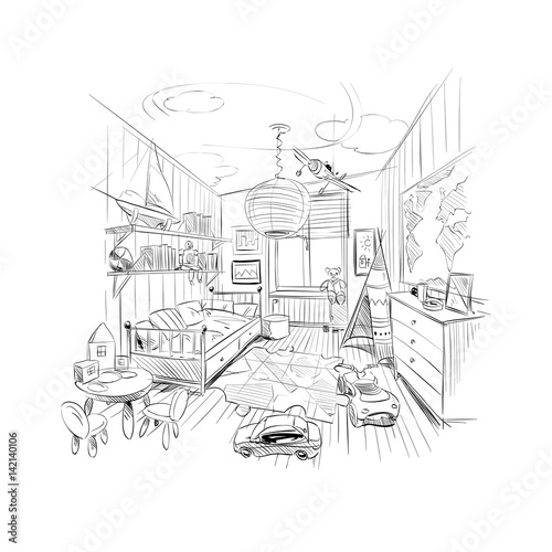 Hand drawn nursery interior sketch design. Vector illustration