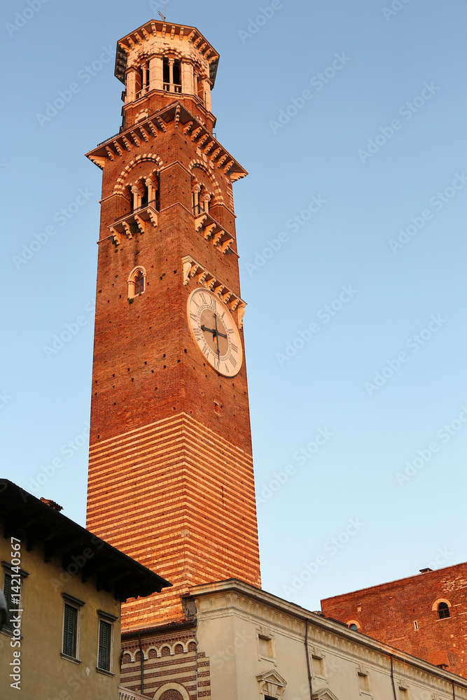 Lamberti tower on Piazza delle Erbe, Market's square, in the old city Verona