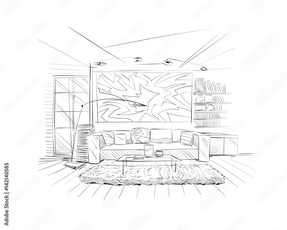 Obraz premium Hand drawn living room interior sketch design. Vector illustration