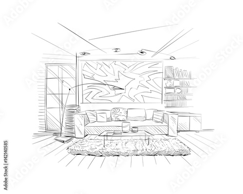 Hand drawn living room interior sketch design. Vector illustration