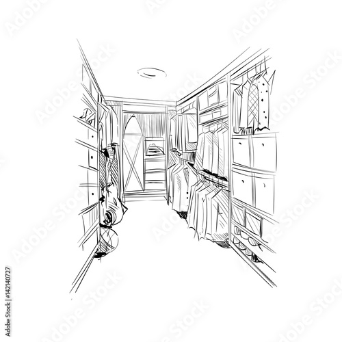 Hand drawn wardrobe interior sketch design. Vector illustration