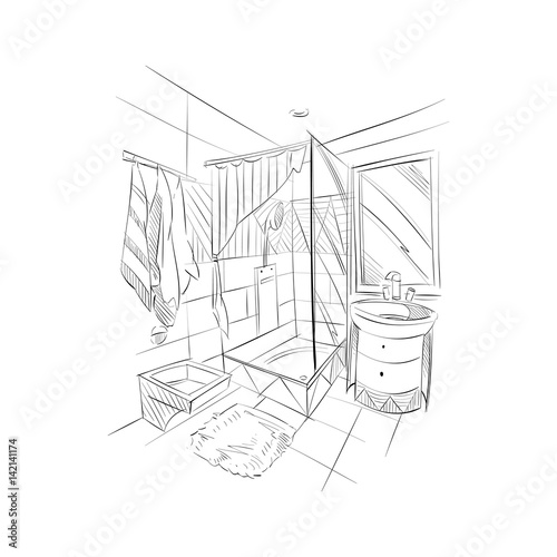 Hand drawn bathroom interior sketch design. Vector illustration