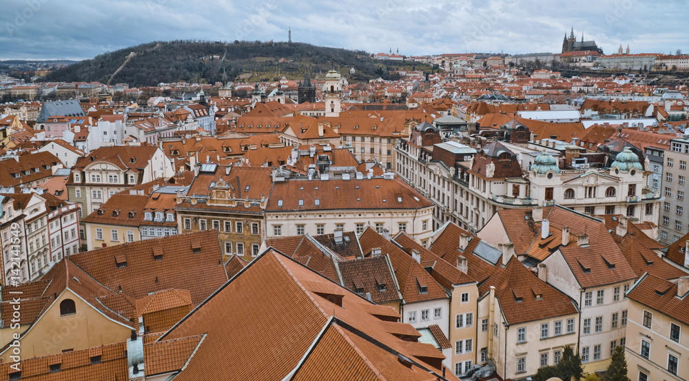 Aerial view over the city of Prague from Old City Hall Tower