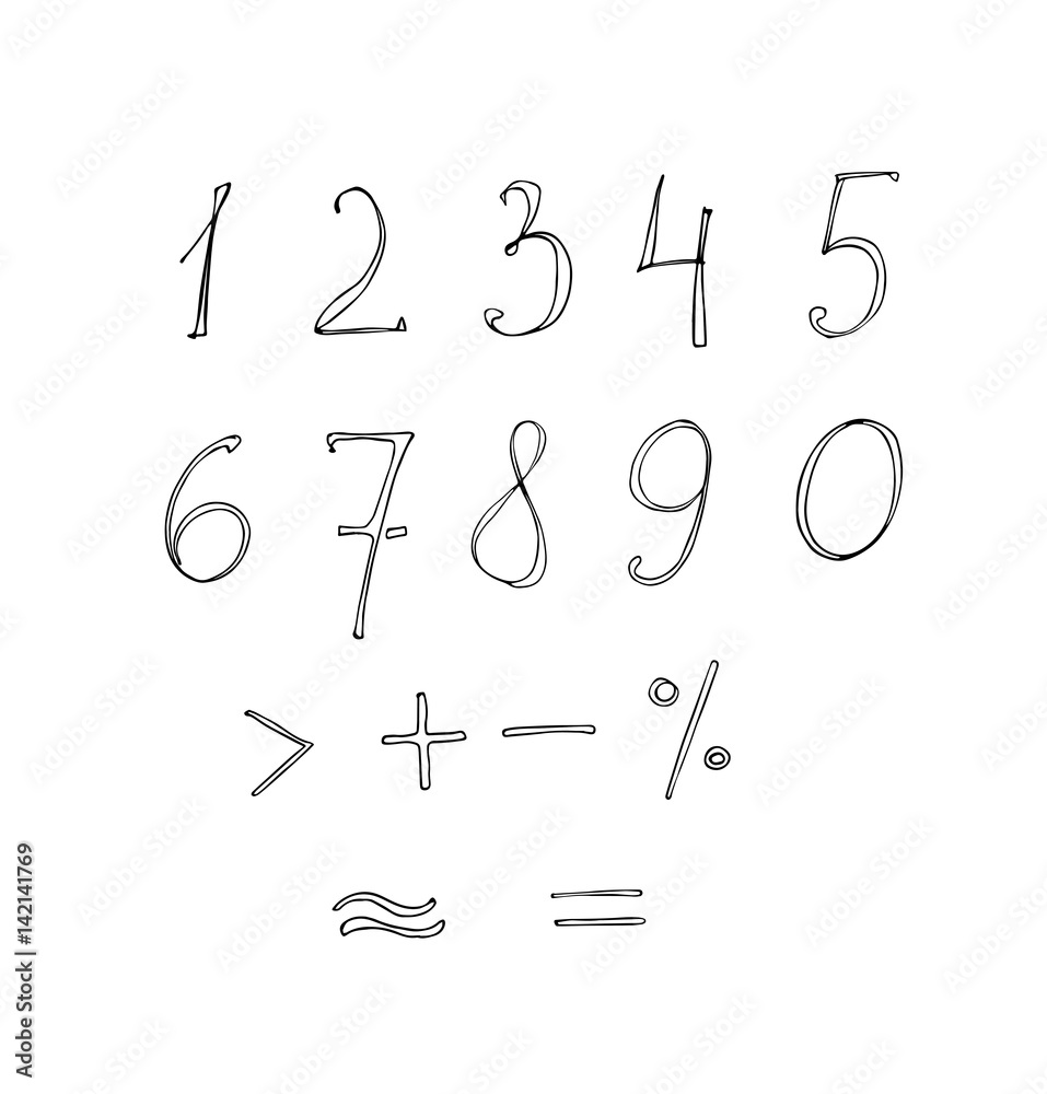 Set of hand drawn vector fine numbers and mathematical symbols.Isolated on white background.