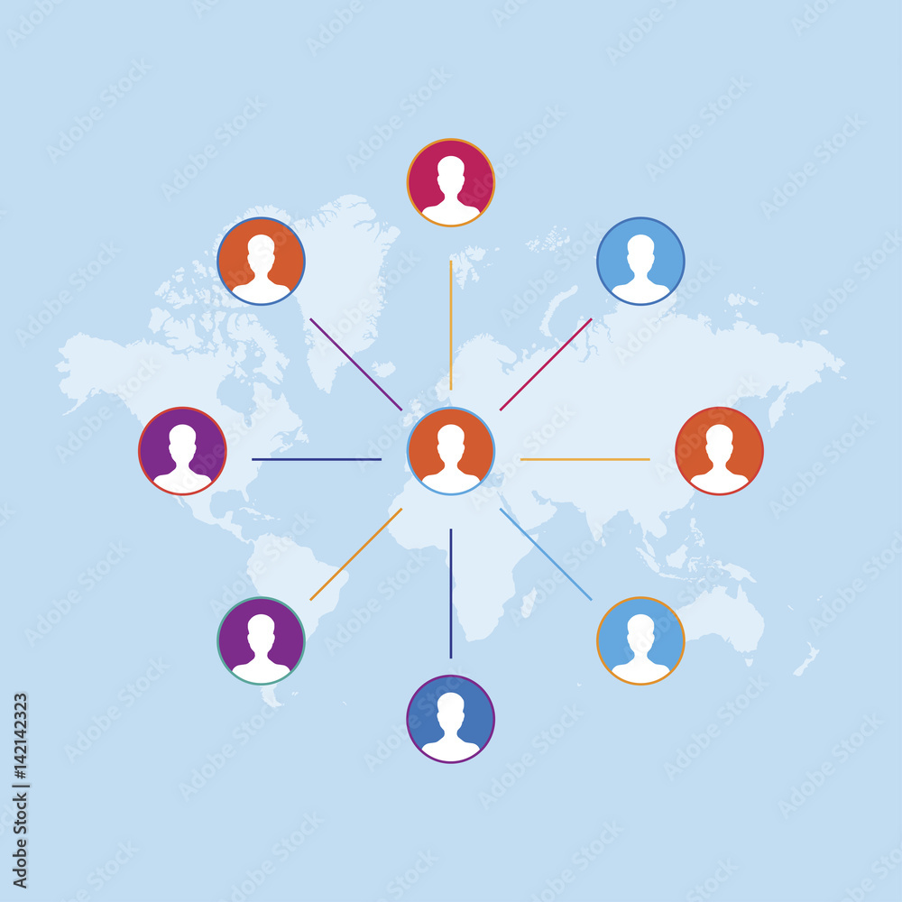 Communication people flat vector illustration on background world map. Social network concept. Communication people flat vector illustration on background world map. Social network concept.