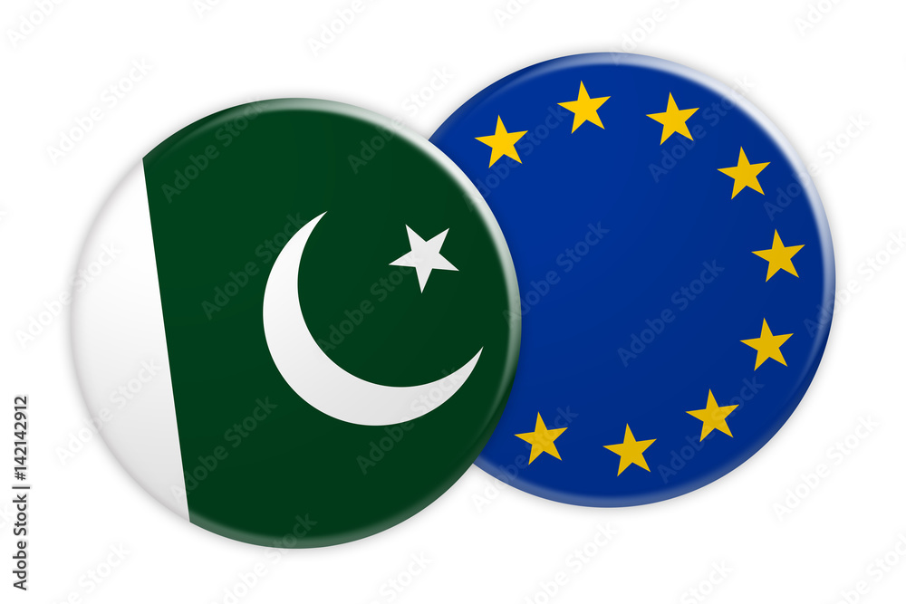 News Concept: Pakistan Flag Button On EU Flag Button, 3d illustration on white background News Concept: Pakistan Flag Button On EU Flag Button, 3d illustration on white background
