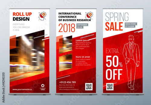Roll Up banner stand. Presentation concept. Red Corporate business roll up template background. Vertical template billboard, banner stand or flag design layout. Poster for conference, forum, shop