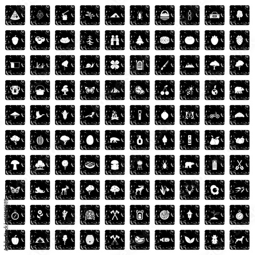 100 camping and nature icons set, grunge style