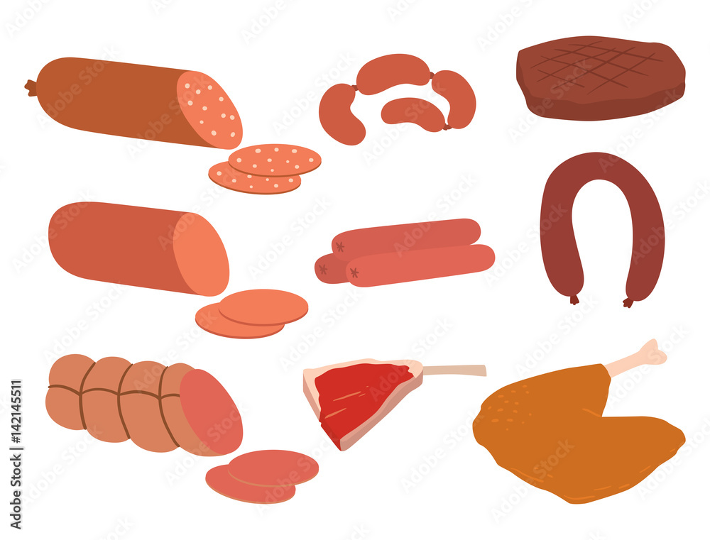 Meat products set of cartoon delicious barbecue kebab variety delicious gourmet meal and animal assortment slice lamb cooked vector illustration Meat products set of cartoon delicious barbecue kebab variety delicious gourmet meal and animal assortment slice lamb cooked vector illustration