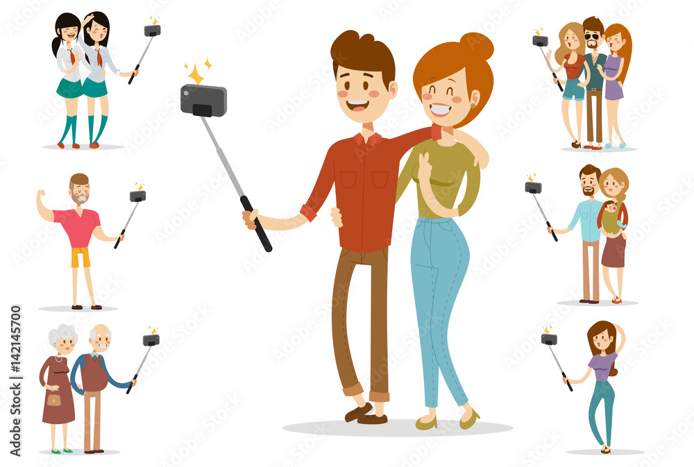 Selfie people isolated vector illustration character photo lifestyle set hipster smart flat camera smartphone person picture couple love Selfie people isolated vector illustration character photo lifestyle set hipster smart flat camera smartphone person picture couple love