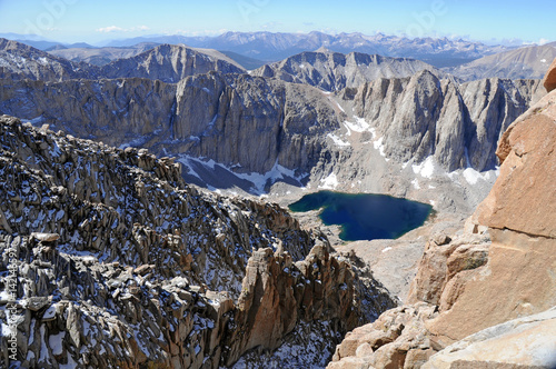 Summit view from Mount Whitney, California 14er, state high point and highest peak in the lower 48 states, located in the Sierra Nevada Mountains, USA