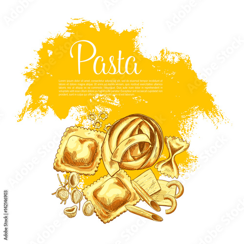 Pasta or italian macaroni vector sketch poster