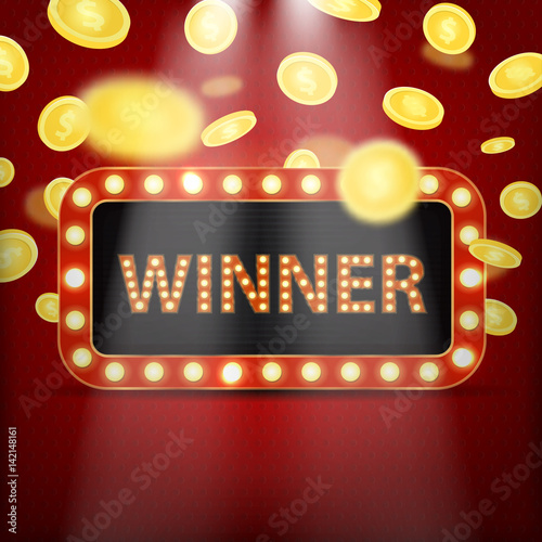 Vector retro neon billboard for winner with coins and glowing lamps on the red background. Concept of winning, casino and award ceremony.