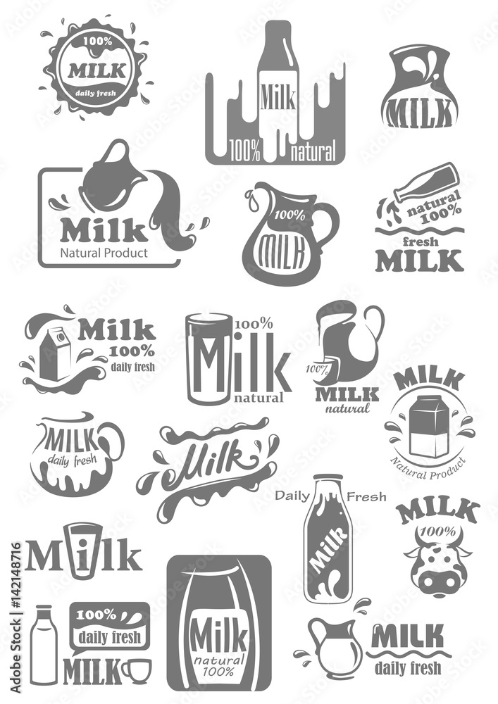 Vector icons and labels for milk dairy products