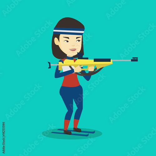 Cheerful biathlon runner aiming at the target.