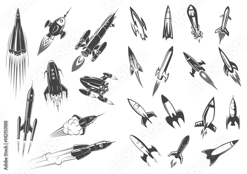 Rockets vector spaceship cartoon retro icons set
