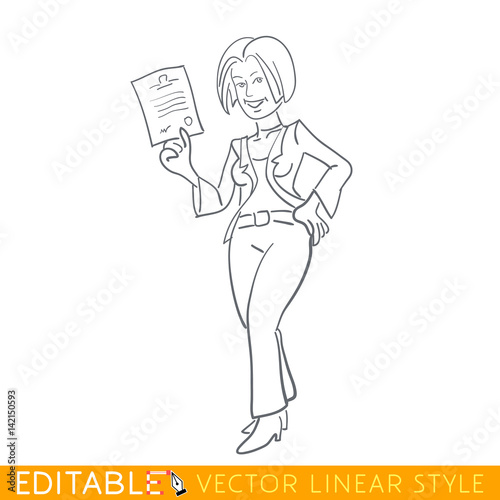Woman holds a signed contract. Editable line sketch. Stock vector illustration.
