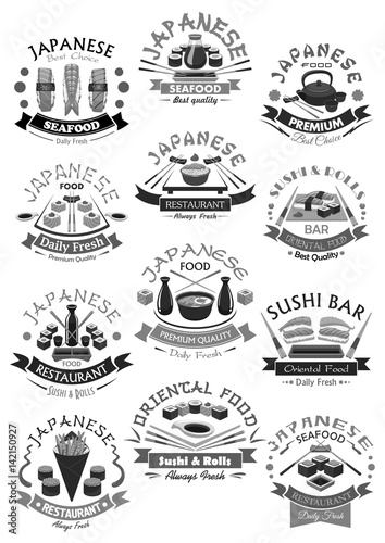 Vector seafood sushi rolls icons for japanese menu