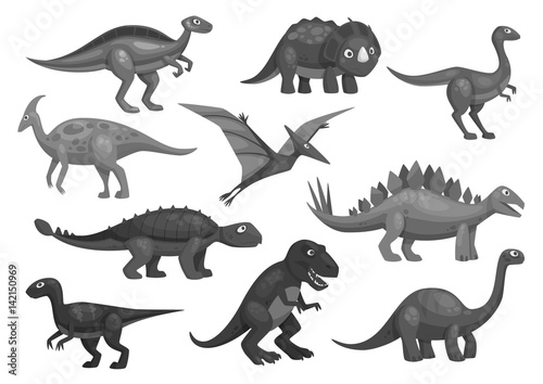 Cartoon dinosaurs icons set of jurassic characters