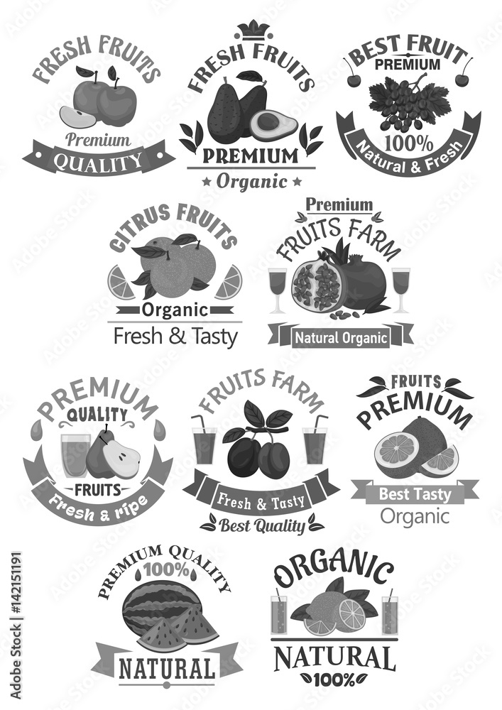 Fruits icons for farm store or juice vector label