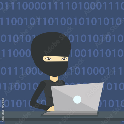Hacker using laptop to steal information.