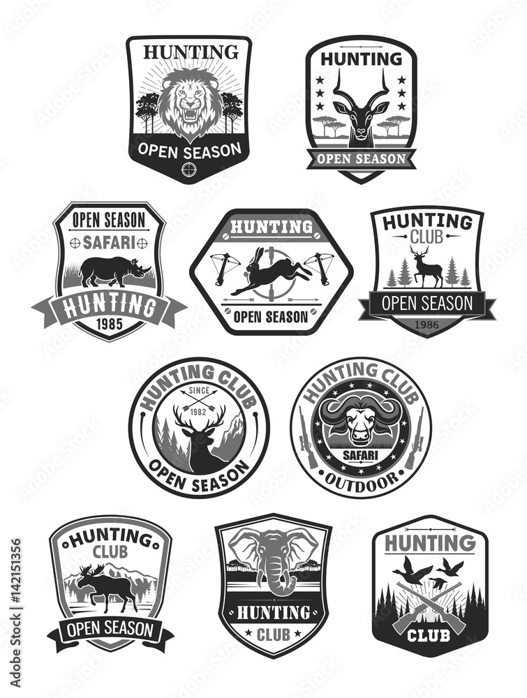 Hunting club or hunt open season vector icons set