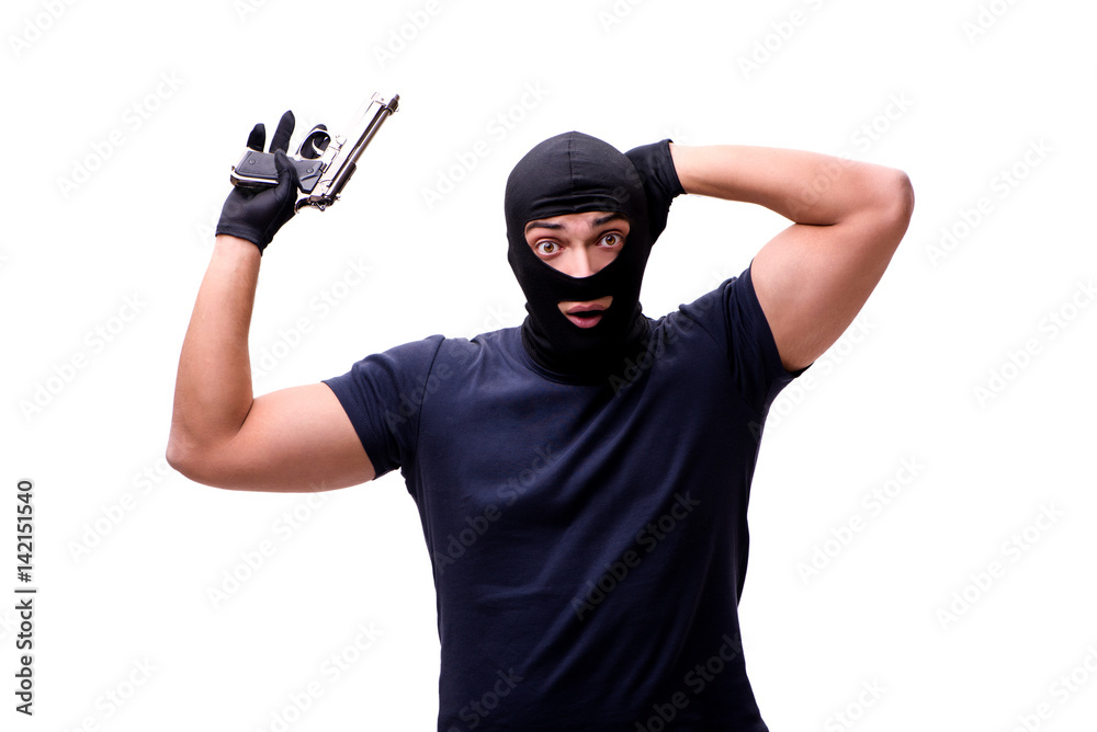 Robber wearing balaclava isolated on white Robber wearing balaclava isolated on white
