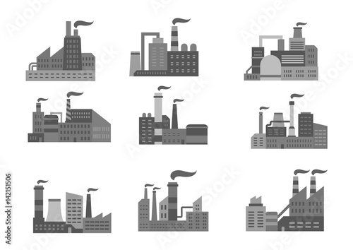 Industrial factory or industry plants vector icons