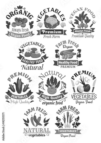 Farm veggies or vegetables vector icons