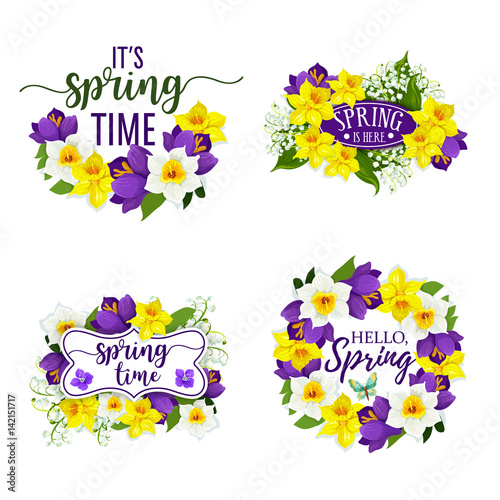 Spring flowers bunches and bouquets vector icons