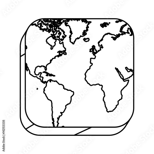 square silhouette button with contour map continents vector illustration
