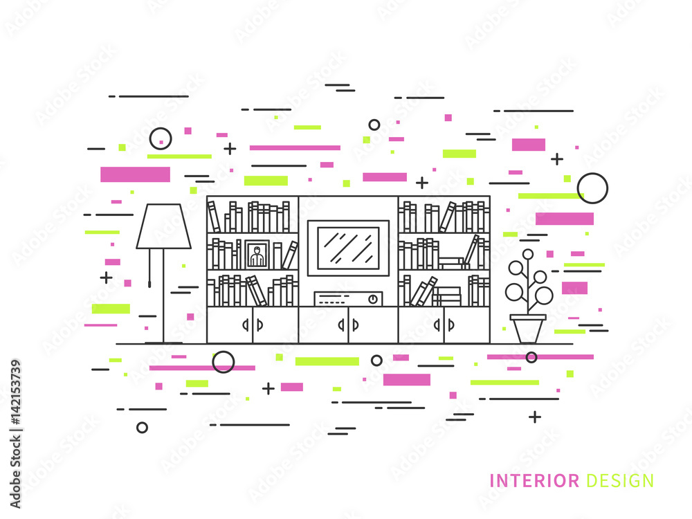 Linear flat interior design illustration of modern designer living room interior space with flower, shelves, bookcase. Outline vector graphic concept of living room interior