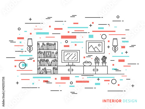 Linear flat interior design illustration of modern designer living room interior space with flowers, shelves, bookcase, lamps, pictures, tv. Outline vector graphic concept of living room interior
