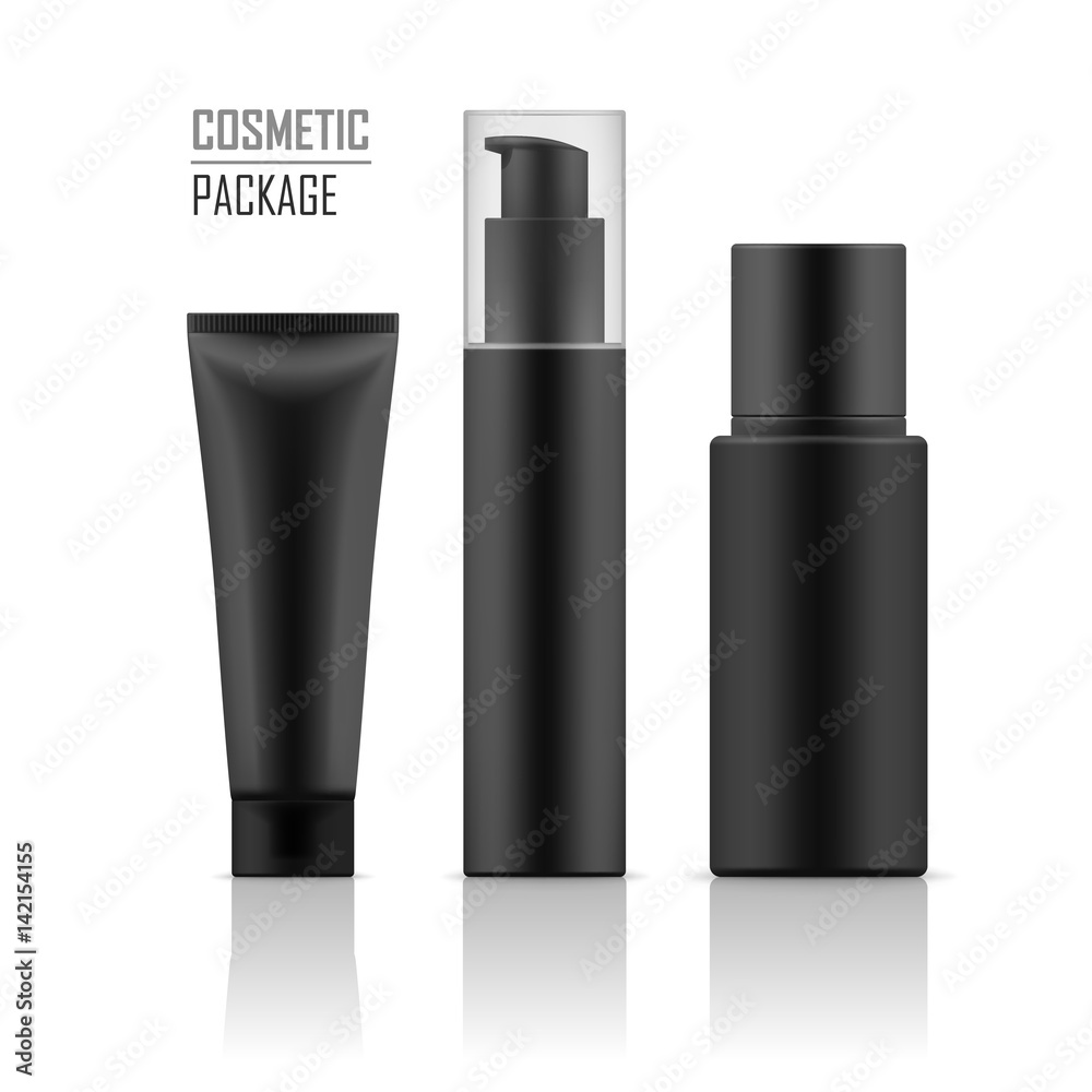 Set of realistic black package for luxury cosmetic product: tube with hand cream, container for liquid lotion, bottle with dispenser pump. Vector collection of empty mockup for cosmetic products. Set of realistic black package for luxury cosmetic product: tube with hand cream, container for liquid lotion, bottle with dispenser pump. Vector collection of empty mockup for cosmetic products.