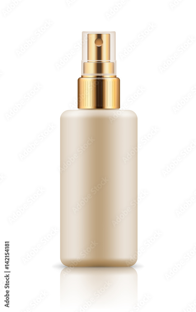 Vector 3d realistic bottle with sprayer. Mock-up white plastic packaging for cosmetics spray. Blank template of container for liquid. Packaging of aerosol isolated on background. Vector 3d realistic bottle with sprayer. Mock-up white plastic packaging for cosmetics spray. Blank template of container for liquid. Packaging of aerosol isolated on background.