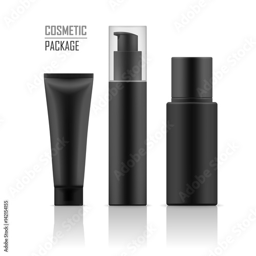 Set of realistic black package for luxury cosmetic product: tube with hand cream, container for liquid lotion, bottle with dispenser pump. Vector collection of empty mockup for cosmetic products.