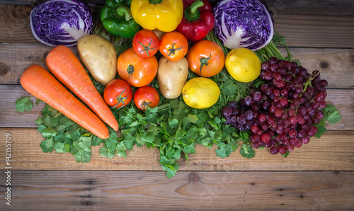 fruit and vegetable on wooden