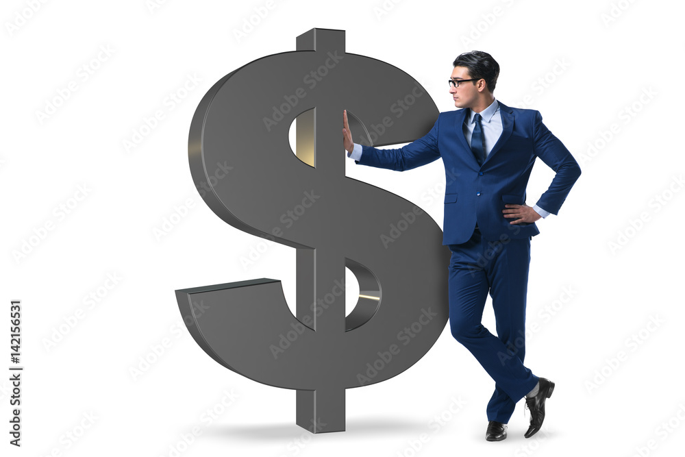 Businessman next to dollar sign isolated on white Businessman next to dollar sign isolated on white
