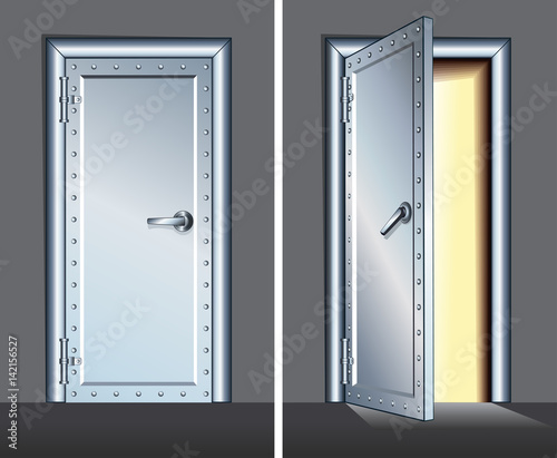 Opened and Closed Vault Steel Door. Vector