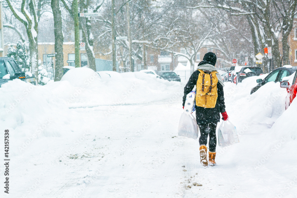 Person walking on snow with backpack and groceries bag
