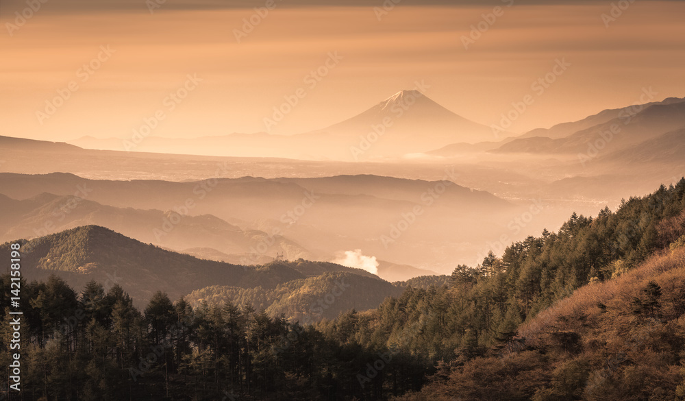 Mountain Fuji with morning mist in spring season