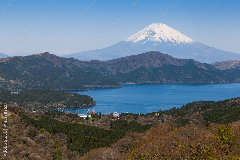Beautiful Lake ashi and Mountain Fuji in spring season Beautiful Lake ashi and Mountain Fuji in spring season